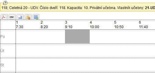 Zde je možné zadat především délku (měla by se shodovat s hodinovou dotací) a čas výuky, učebnu a den. V případě, že zvolená učebna je kmenovou místností dané součásti, bude lístek rovnou rozvržen.