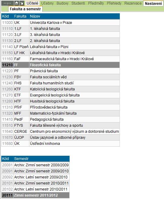 Po zvolení modulu Rozvrh NG, je třeba zvolit fakultu a semestr.