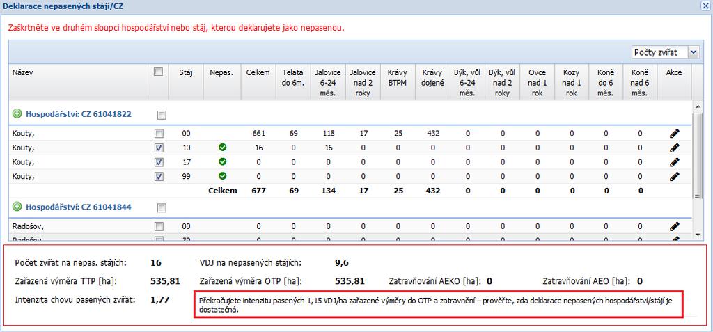 U stáje, kterou chcete nastavit jako nepasenou, zaškrtněte příslušný checkbox ve druhém sloupci. Stáje můžete vybrat i hromadně checkboxem u hospodářství nebo na hlavním panelu.