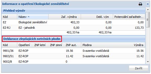 Obrázek 41 "ZNP" v infoboxu EZ Na detailu DPB je u opatření EZ uvedena informace o manuálně zadaných ZNP. Současně se zobrazuje i pole ZNP aut s uvedením výměry oprávnění plodiny.