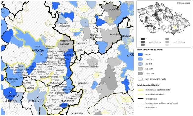 Mapa 1 - Počet uchazečů na 1 místo Zdroj dat: EKOTOXA Je důležité, aby práce nebyla výsadou jen velkých měst, proto jedním z cílů strategie je podpora vytváření pracovních míst na lokální úrovni či