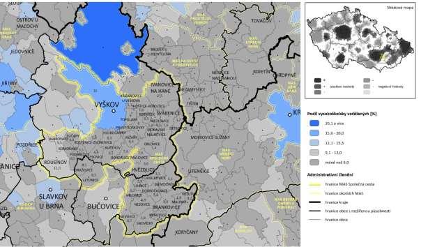 Mapa 2 - Podíl obyvatel MAS s nejvyšším s vysokoškolským vzděláním k datu 03.