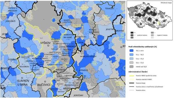 Podíl 58,1 % a více středoškolsky vzdělaných lidí vykazují obce znárodněné v mapě sytě modrou barvou. Patří sem Rostěnice-Zvonovice, Lysovice, Švábenice a Nevojice.