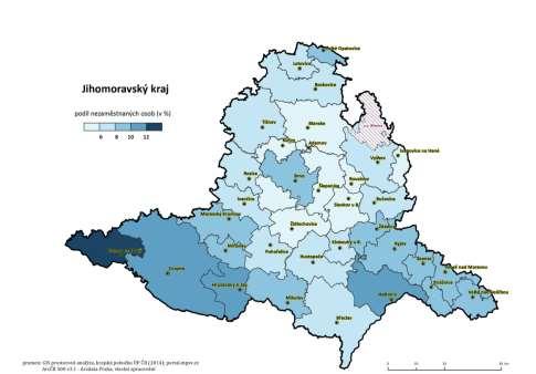 Mapa 15 - Nezaměstnanost v obvodech pověřených obecních úřadů v JMK k 31. 12.