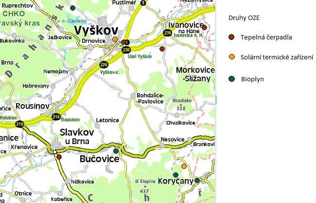 Obnovitelné zdroje energie jsou znázorněny na mapě níže. Tato databáze není úplná.