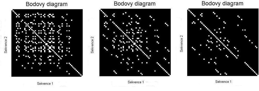 4.2 Bodový diagram Hlavní výhodou bodového diagramu je, že v obou sekvencích nalezne všechny pozice, na kterých jsou aminokyseliny identické, označí tyto pozice a umožní uživateli, aby si zvolil ty