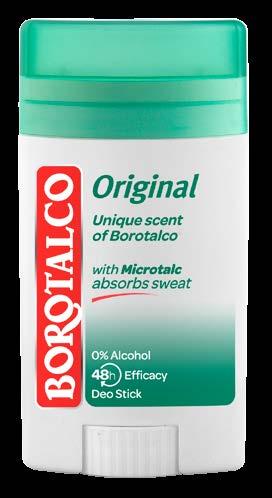 Deodoranty Borotalco Original jsou bez alkoholu a dermatologicky testovány.