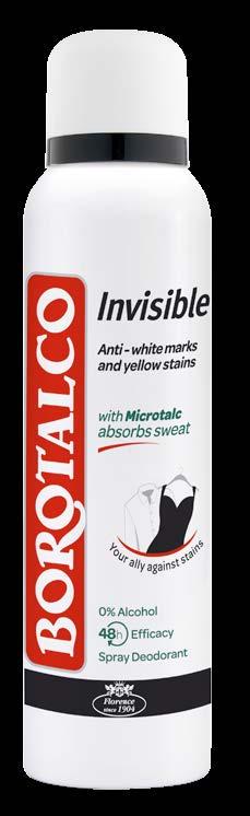 KOSMETIKA DEODORANTY BOROTALCO INVISIBLE Borotalco Invisible deodoranty ve spreji 150 ml, kuličkový 50 ml, tuhý 40 ml.