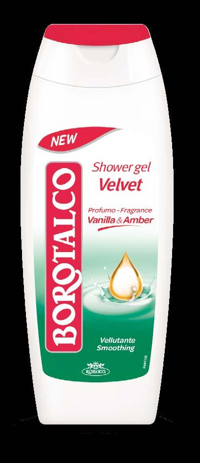 Borotalco Fresh sprchový gel se svěží a čistou vůní bílého pižma. Pro jemnou a hladkou pokožku každý den. Borotalco Sprchový gel Velvet 250 ml.
