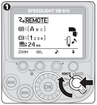 Nastavení blesku REMOTE 1. Nastavte hlavní vypínač (vypínač bezdrátového režimu pro více blesků) do polohy REMOTE. Fotografování s pokročilým bezdrátovým svícením 1.