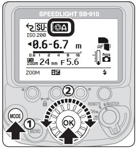 Zábleskové režimy pro blesk MASTER Při použití v režimu MASTER může blesk fungovat v zábleskovém režimu AA (Auto Aperture), režimu automatické aktivace blesku bez podpory TTL, manuálním zábleskovém