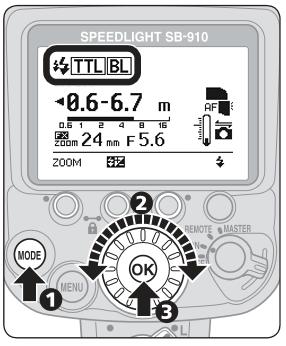Stisknutím tlačítka MODE vyberte zábleskový režim. 2. Otáčením voliče zobrazte TTL, BL. 3. Stiskněte tlačítko OK.