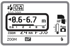 Ukázka LCD pro zábleskový režim AA (Auto Aperture) Zdvojené blesky = monitorovací předblesky A = zábleskový režim Auto Aperture (AA) Monitorovací předblesky Předblesky lze aktivovat nebo deaktivovat