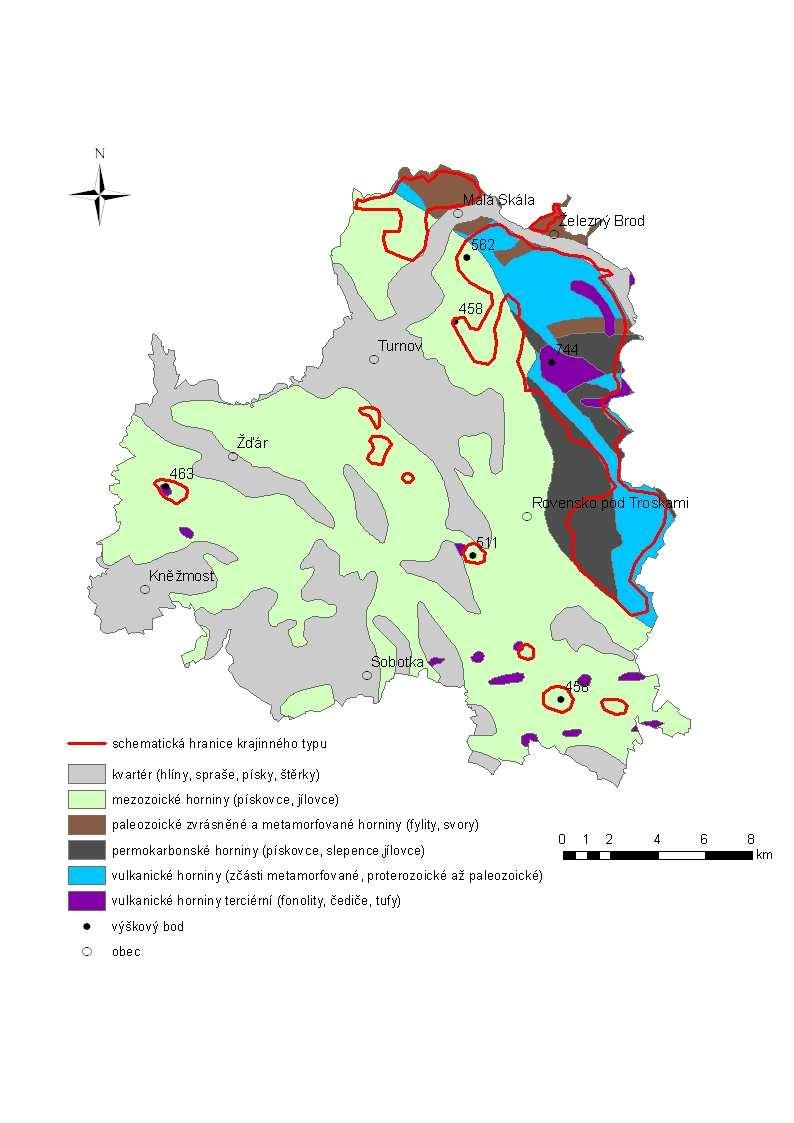 Mapa 12: Krajina skal a kopců s typickou nadmořskou výškou 350-450 m s převahou kambizemí a mozaikou lesů, luk, polí a pastvin a geologické poměry oblasti Zdroj: ARCDATA Praha, 2000, http://geoportal.