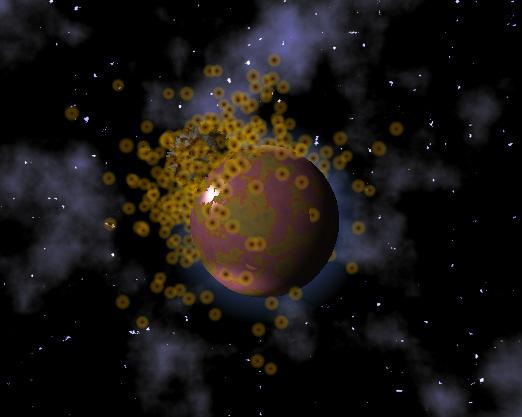 3.6 Částicový systém Tento efekt je vykreslen až od času události srážky asteroidu a po uplynutí krátké doby zmizí.