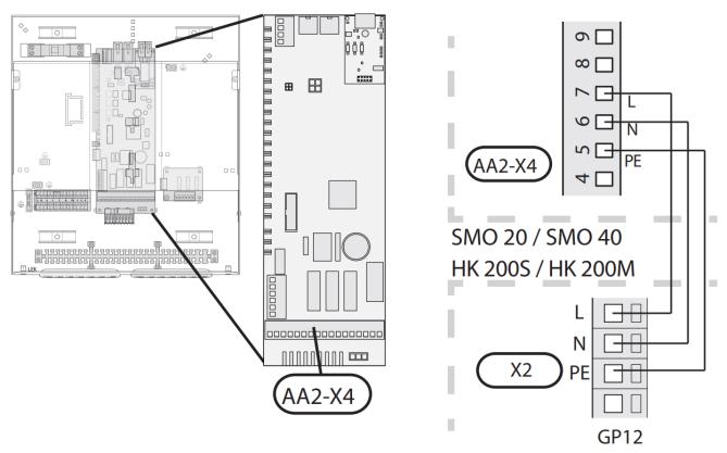 4 - Schéma připojení K1, K2, K3 ze svorkovnice X2 na regulátor SMO 20 / 40 Připojení GP12 GP12 připojte ze svorkovnice X2 vnitřní jednotky na svorkovnici AA2-X4 na regulátoru SMO20 / 40 pomocí drátů