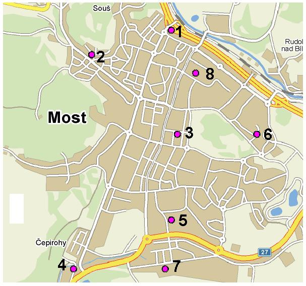 Obr. 1 Mapa města Most s vyznačenými měřicími stanovišti Dalšími hledisky výběru umístění měřicích stanovišť byla jejich reprezentativnost z hlediska expozice obyvatel, vzdálenost hlavních dopravních