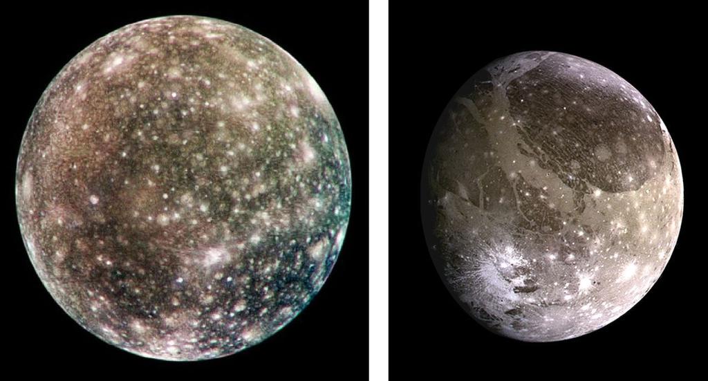 Obrázek 1.4: Callisto a Ganymed: zdroj: JPL/NASA Calliso a Ganymed Oba byly spolu s Europou objeveny v roce 1610 Galileem.