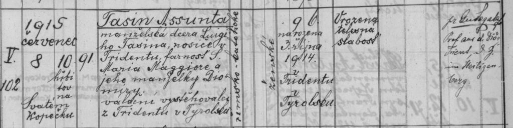 Matriční záznam o úmrtí Assunty Tasin, vpravo podpis prof. P. G. Segaty. Zemský archiv v Opavě pobočka Olomouc, Digitální archiv, Matriky, Svatý Kopeček, Z, inv. č. 12214, sig.