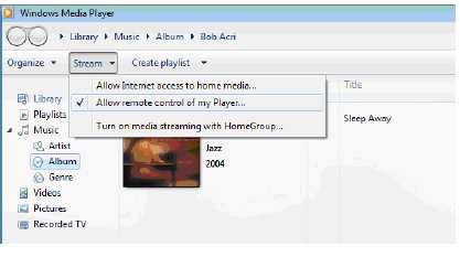 Po nastavení serveru pro sdílení si vyberte hudbu a spusťte přehrávání na DR400 (viz níže kapitola Funkce DLNA). Otevřete Windows Media Player a povolte dálkové ovládání přehrávače.