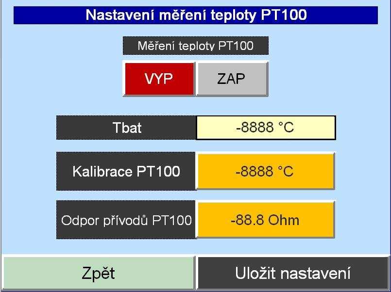 Nabíječ umožňuje dvojdrátové připojení měřícího čidla PT100. Pro přesné měření je možné čidlo PT100 kalibrovat a zadat odpor připojovacích vodičů.