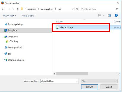 1. V prvním kroku si po stisku tlačítka vyberte soubor cheh484.hex, který jste si předtím stáhly do počítače z webové adresy www.edsystem.