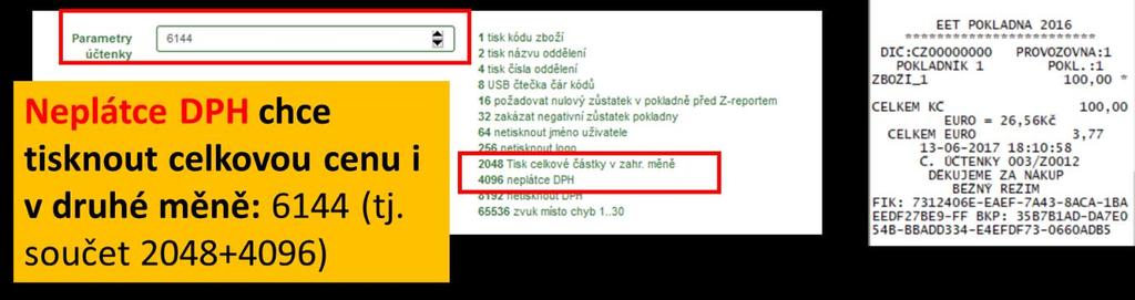 3. Do parametrů účtenky v části Nastavení - > Parametry účtenky, připočtěte parametr 2048 tisk celkové částky v zahraniční měně Logo Pro bezproblémové nahrání loga je třeba je mít ve formátu bmp a v