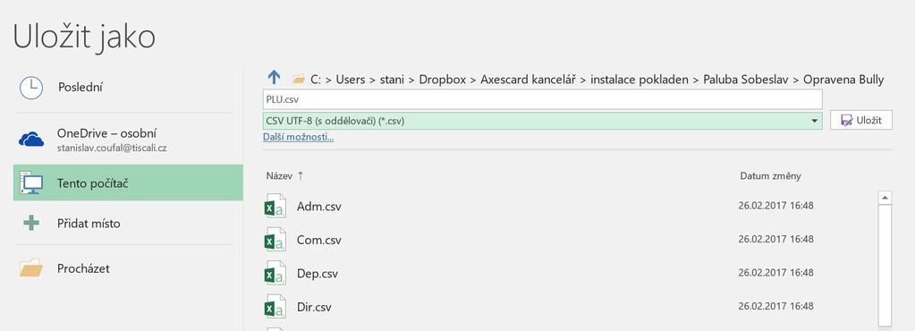 Jednotlivé soubory v zálohovaném ZIPu je možné upravovat. Nicméně nesmíte měnit jejich název, musíte je ukládat ve formátu CSV UTF-8 Níže ukázka uložení, pokud děláte editaci v excelu.