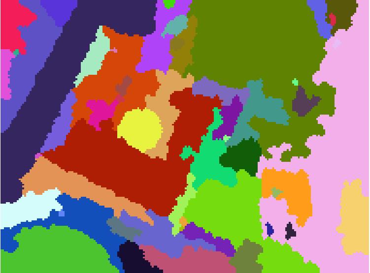 Výsledek segmentace pro maximální směrodatnou odchylku 10, minimální velikost segmentu 19 pixelů a bez morfologické transformace (data IKONOS PAN