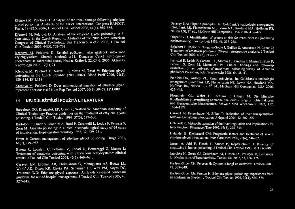 Křenová M. Pelclová D.: Analysis of the renal damage following ethylene glycol poisoning. Abstracts of the XXVI. International Congress EAPCCT, Praha, 19.-22.5.