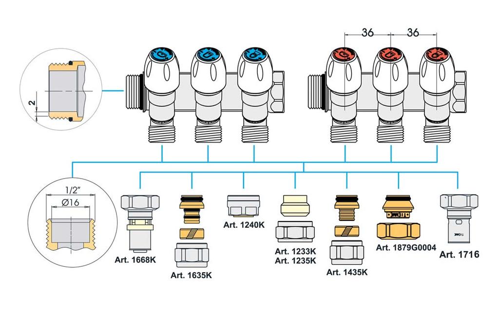 Art. TM 1866K rozdělovač MAXIMA s uzavíracími ventily z mosazi CW617N pochromovaný připojení 1/2 x 16; G 3/4 TM1866K160402 G 3/4, 2cestný 512, 4 / 32 TM1866K160403 G