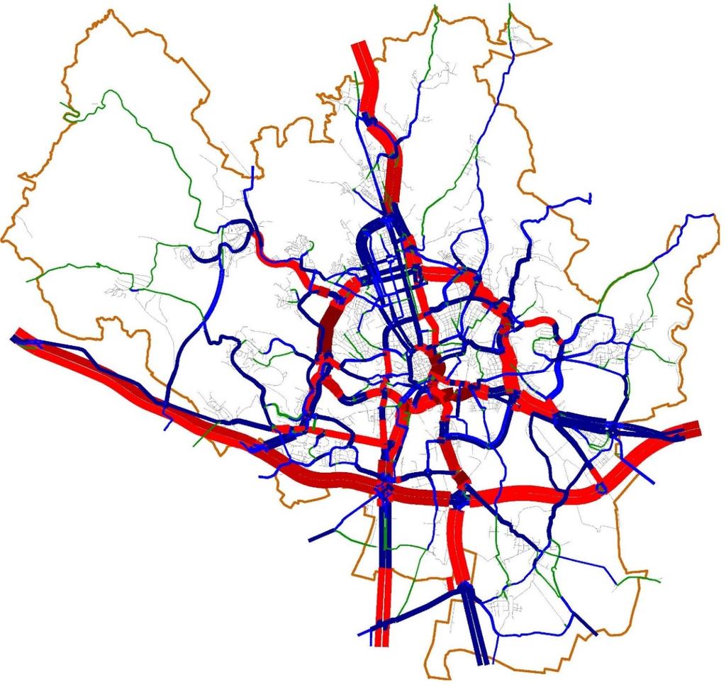 Pentlogram intenzity dopravy modelu IAD pro rok 2020. Situace v přílohách nabízí i číselné hodnoty intenzit na pentlích komunikační sítě. 3.