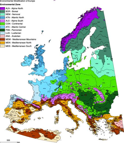 Obr. 4: A Climatic Stratification of the Environment of Europe. Zdroj: Metzger a kol. (2005) Celkem bylo vyklasifikováno 84 tříd (EnS) (obr. 4).