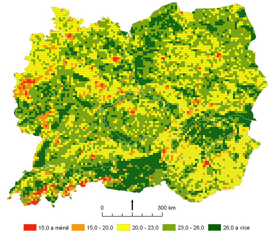 Obr. 22: Průměrná ekologická integrita krajiny hodnocena metodikou Burkharda a