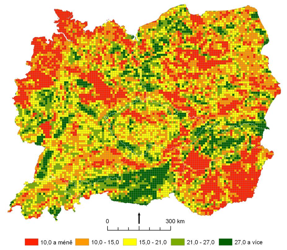 Obr. 24: Průměrný potenciál krajiny poskytovat regulační služby hodnocený metodikou Burkharda a kol. (2009).