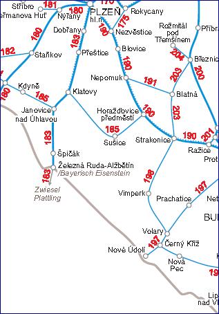 Obr. č. 19: Mapa železničních tratí Trať je jednokolejná, elektrifikovaná (25 kv, 50 Hz). *Záměrem Ministerstva dopravy České republiky je zdvojkolejnění tratě České Budějovice Plzeň.