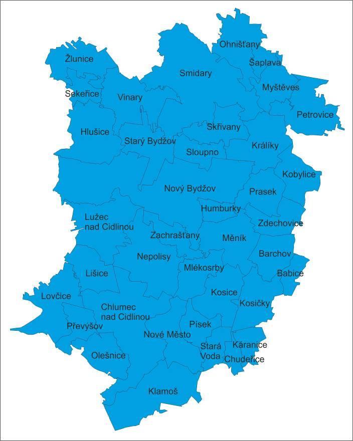 3 Stanovy - Společná CIDLINA, z.s. Čl. 5 Vymezení území 1) Území spolku zahrnuje katastrální území 38 obcí. Všechny obce schválily zařazení své obce do územní působnosti Společné CIDLINY, z.s. Grafické vymezení území Společné CIDLINY Čl.