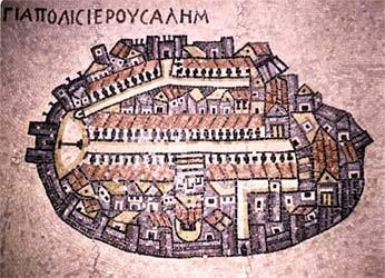 m2) Mapa byla vytvořena na podlaze kostela v Madabě u