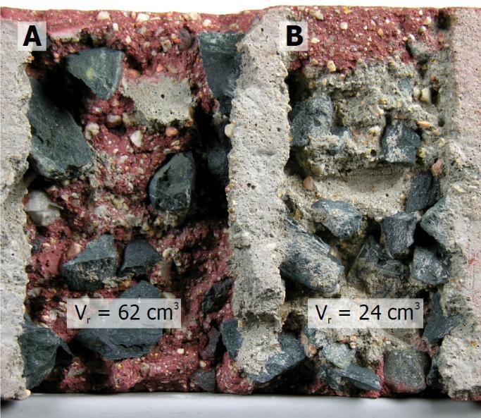 Vlevo: Beton 1 C20/25, vpravo: Beton 2 Beton C20/25, vysoká dávka záměsové vody. (Autor obrázku: L. Sitek) [41] 7.