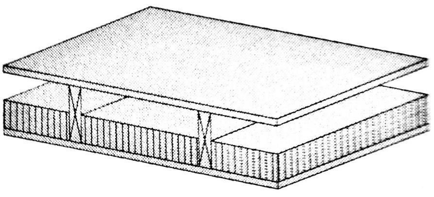 Hodnoty objemových hmotností 1. třísková deska s plovoucím uložením 2. minerální vláknitá izolační deska 3. betonové desky, suché 4. izolační rouno proti kročejovému hluku 5. dřevěné bednění 6.