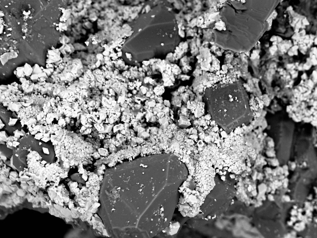 Práškovité a drobně krystalické agregáty plumbojarositu (světlé) na drúzovitém křemeni z Helenína. Šířka obrázku μm, BSE foto I.