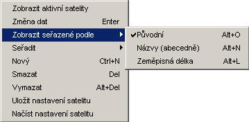 5.d Funkce satelitu Kliknete-li na satelit, budou zobrazeny pouze kanály a transpondéry tohoto satelitu. Kliknete-li pravým tlačítkem myši do okna satelitu, získáte následující místní nabídku.