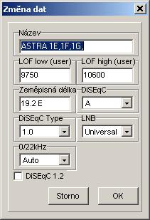 Změna dat: Získáte následující okno, ve kterém můžete změnit specifická data satelitu: Pro získání tohoto okna je možno také označit satelit dvojklikem.