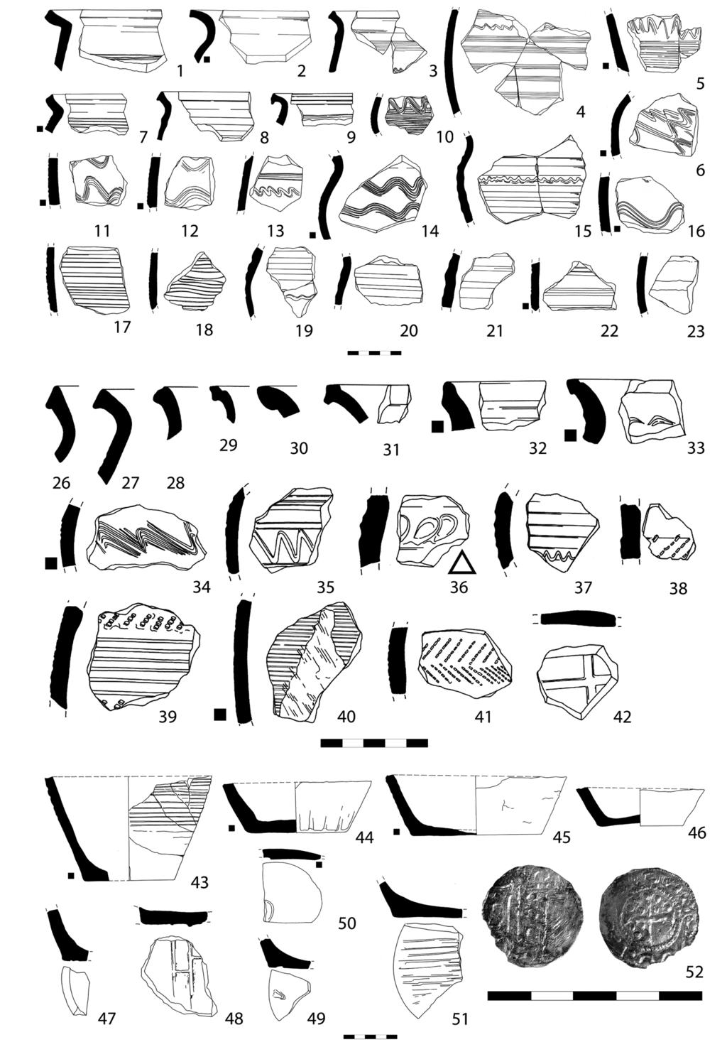 Obr. 4. Objekt 73, keramika 1 51, mince 52. Fig. 4. Feature 73, pottery 1 51, coin 52.