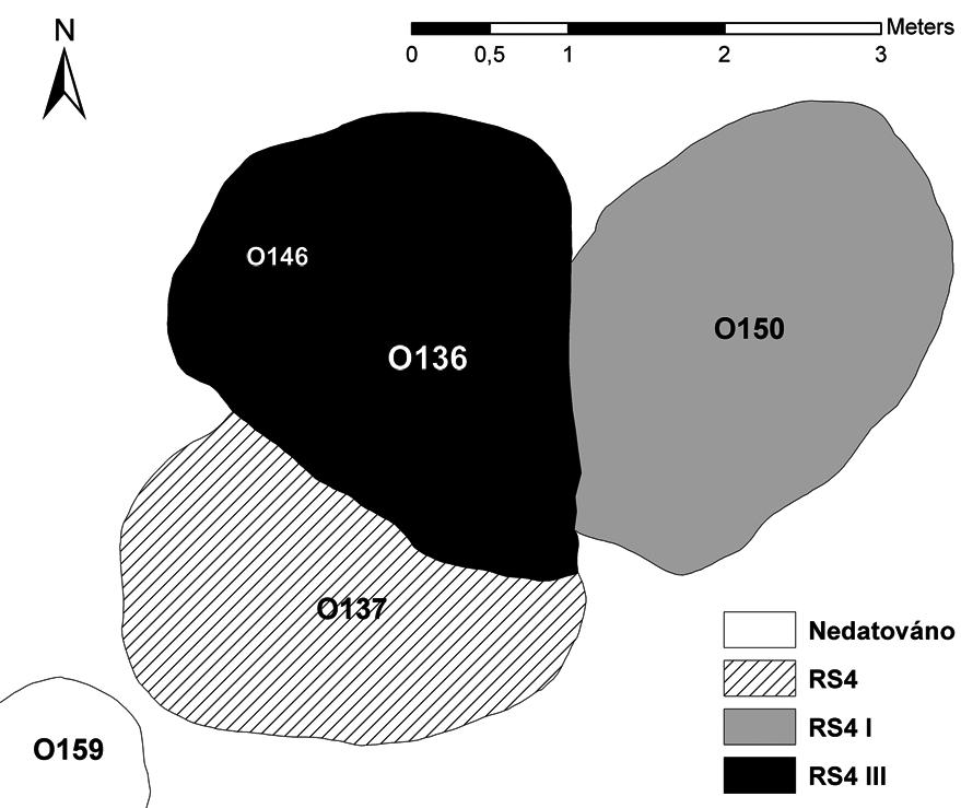 Archeologické rozhledy LXV 2013 815 Obr. 16. Superpozice objektu 136 nad chronologicky staršími objekty. Fig. 16. Superposition of Feature 136 above chronologically earlier features.