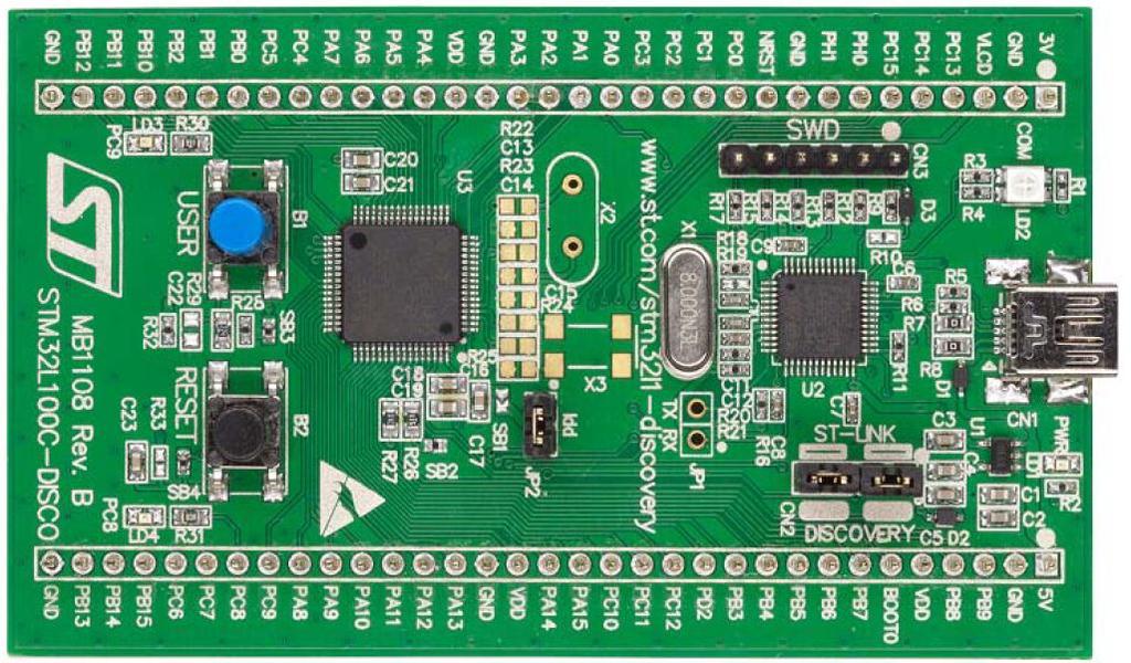 STM32L100 Discovery ovládání a připojovací body. GND tlač. PA0 GND zel.