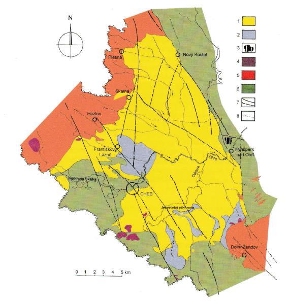 Obrázek 1: Geologická mapa chebské pánve. Převzato z Peška et al. (2010). 1 vildštejnské souvrství, 2 cyprisové s., 3 hlavní slojové s.