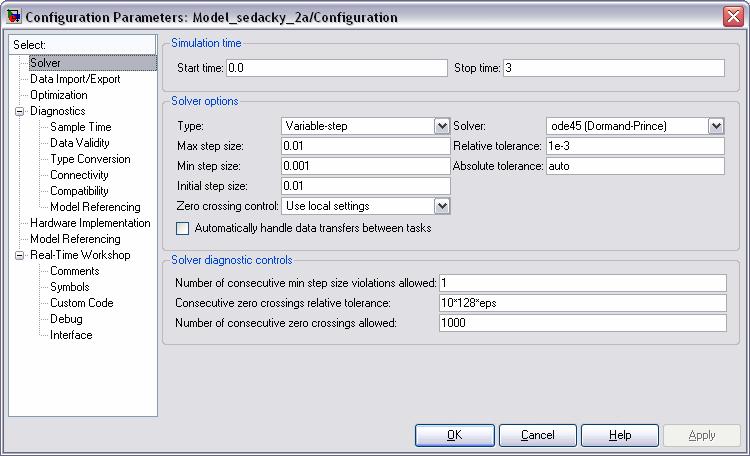 Nastavení parametrů simulace V programovém oknu Simulinku klikem na položku Simulation / Configuration Parameters rozbalíme dialogové okno pro
