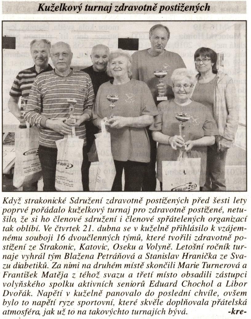 Vítězi letošního ročníku se stali zástupči místního Svazu diabetiků paní Blažena Petráňová a Stanislav Hranička, na druhém místě stanuli paní Marie Turnerová a pan František Matěja také z místního