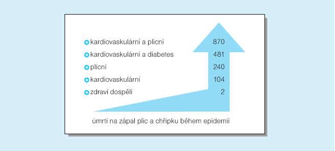 ÚMRTÍ NA ZÁPAL PLIC A CHŘIPKU BĚHEM EPIDEMIE (Na 100 000 nemocných) Nemocní s kardiovaskulárním onemocněním umírají na chřipku a pneumonii 52x